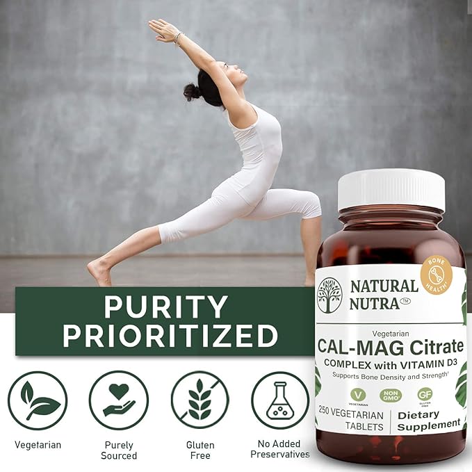 Natural Nutra Cal-Mag Citrate with Vitamin D31000/500 mg Complex Strengthen Bone Density Muscle and Nerve Health Help Maintain Healthy Teeth Highly Bioavailable Sources 250 Vegan Tablets
