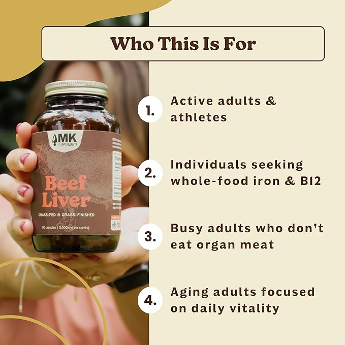 MK Supplements Grass Fed Beef Liver Supplement Supports Energy Production Detoxification Digestion Immunity and Full Body Wellness Non-GMO Freeze Dried 30 Servings (3000 mg Each)