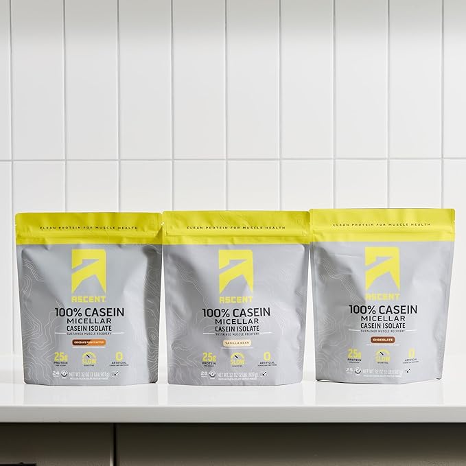 Ascent Casein Protein Powder - 25g Micellar Casein Powder with Zero Artificial Flavors &amp Sweeteners Gluten-Free No Added Sugar 4.9g BCAA 2.2g Leucine - Vanilla Bean 2 Pounds