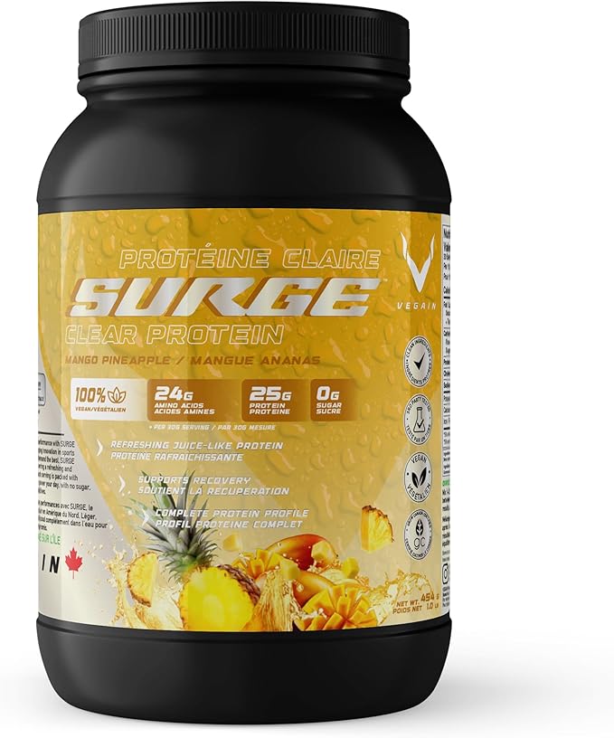 PRO-SURGE Clear Protein Powder Mango Pineapple Flavor 454g - 30 Servings 25g Plant-Based Protein Isolate - Sugar-Free Dairy-Free Soy-Free Gluten-Free Hydration Clear &amp Refreshing Juice-Like D
