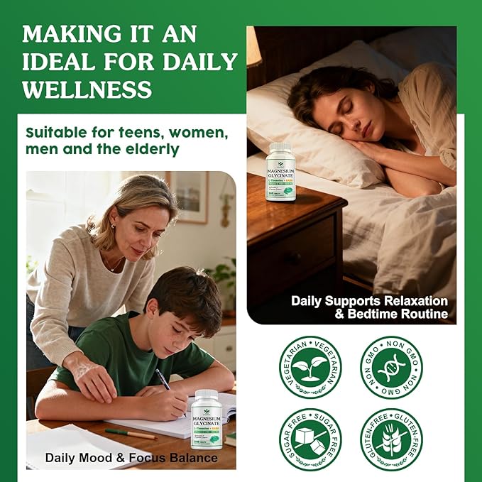 Magnesium Glycinate and L-Theanine Supplement - Relaxation &amp Cognition Support - 400mg Magnesium Supplement with L-Theanine GABA Chamomile B6 D3 &amp K2 for Adults &amp Teens Vegan - 240 Ta