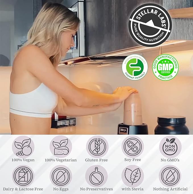 Stellar Labs Vegan Protein Powder with BCAA's &amp Antioxidants | Certified Low FODMAP Non GMO Gluten Free Soy Free Low Carb with Stevia | Lean Plant Based Protein Powder Shakes | Chocolate