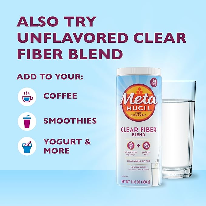 Metamucil Fiber Supplement Clear Mixing Fiber Powder Stick Packs Mixed Berry Flavor On The go Plant Based Prebiotic Fiber Supplement Blend for Daily Digestive Health 21 Stick Packs