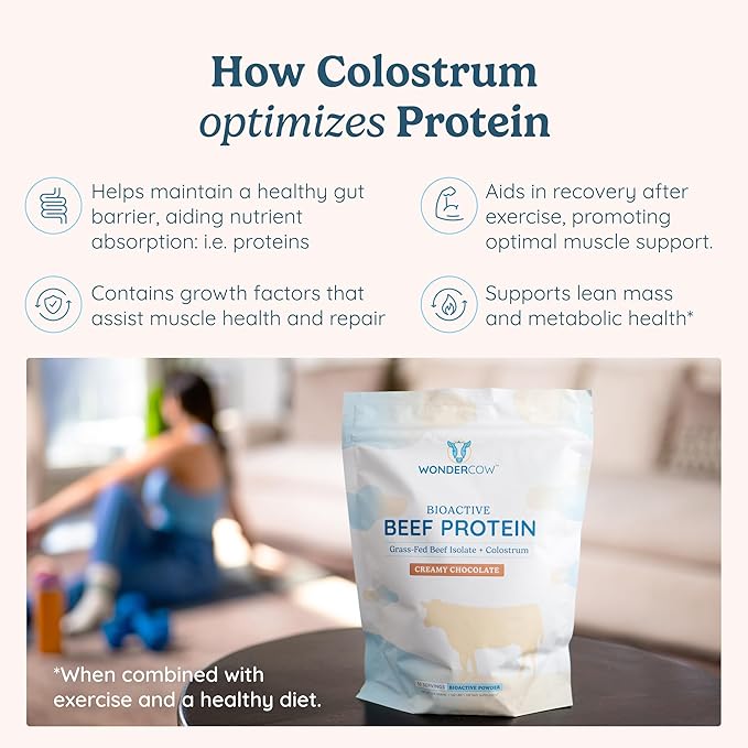 WONDERCOW Beef Protein Isolate Powder w/Bovine Colostrum Supplement | Clean 100% Grass Fed Carnivore Keto Friendly | Gluten Free | 20g of Protein 30 Servings Chocolate