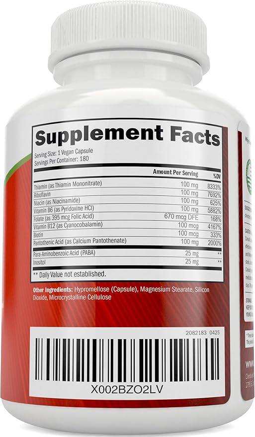 Vitamin B Complex - 8 Super B Complex Vitamins with Choline &amp Inositol Vitamins B1 B2 B3 B5 B6 B8 B9 &amp B12 - B100 Complex - 180 Vegan Capsules - 6 Month Supply - Made in The USA