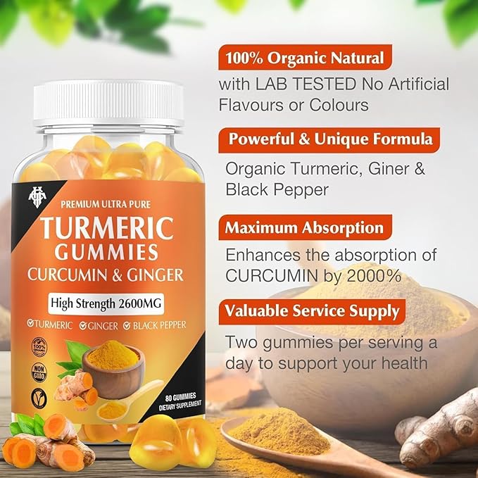 Turmeric Curcumin Gummies (3 Pack) - Turmeric Curcumin Supplements with Ginger &amp Black Pepper Gummies for Immune Muscle Support Healthy Skin - Vegan Gluten Free Low Sugar - for Adults