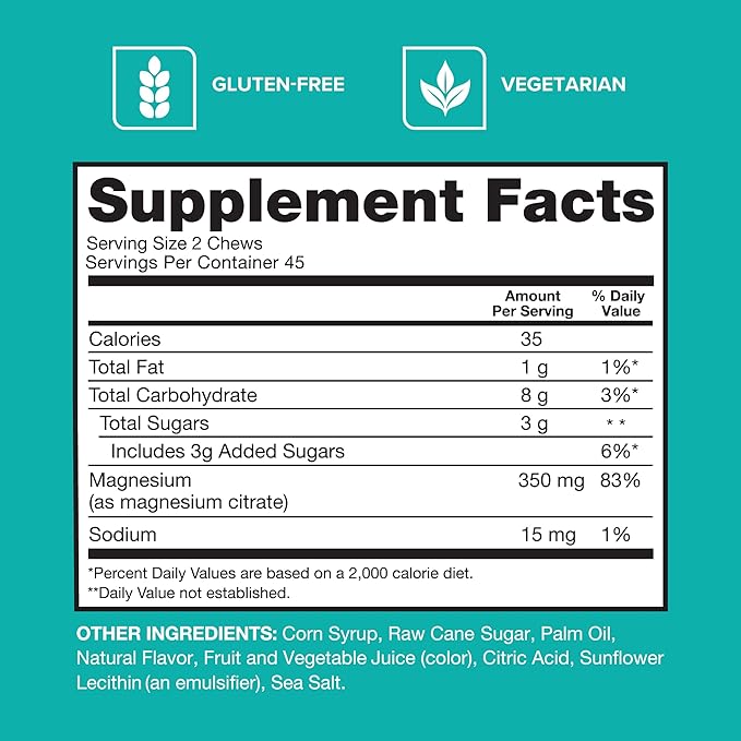 Qunol Magnesium Citrate Soft Chews 350mg Extra Strength Magnesium Supplement High Absorption to Support Nerve Bone and Muscle Health 90 Count