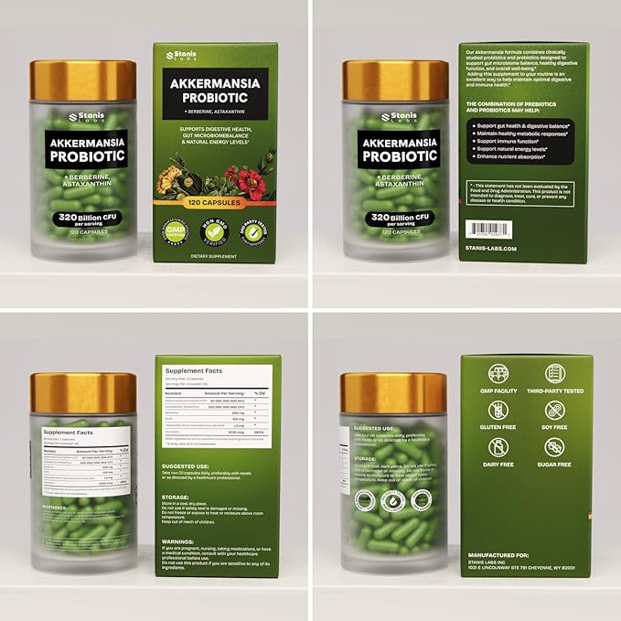 Akkermansia Muciniphila Probiotics 320 Billion CFU| Probiotic and Prebiotic | Akkermansia Probiotics for gut health | Inulin Prebiotic Fiber Capsules Astaxanthin &amp Berberine &amp Chromium | 120 c