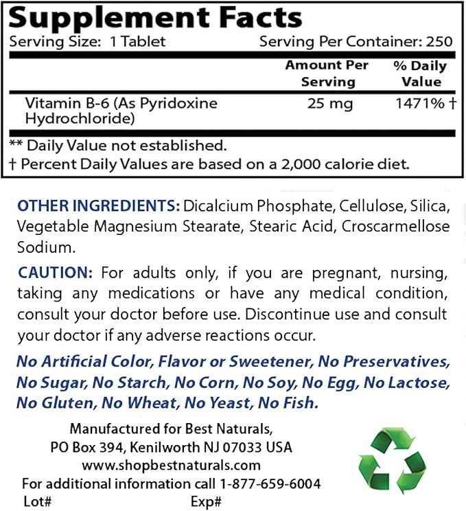 Best Naturals Vitamin B2 (Riboflavin) 400mg &amp Vitamin B-6 25 Mg