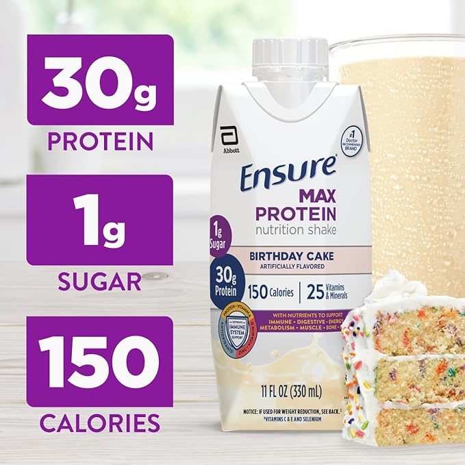 Ensure Max Protein Shake | Birthday Cake | Ready to Drink | 30g Protein for Muscle Health | 1g Sugar 4g Fiber | 11 fl oz 12 Pack