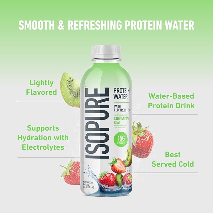Isopure Clear Protein Water with Electrolytes 15g Whey Protein Isolate Zero Sugar Strawberry Kiwi 20 fl oz 12-Pack