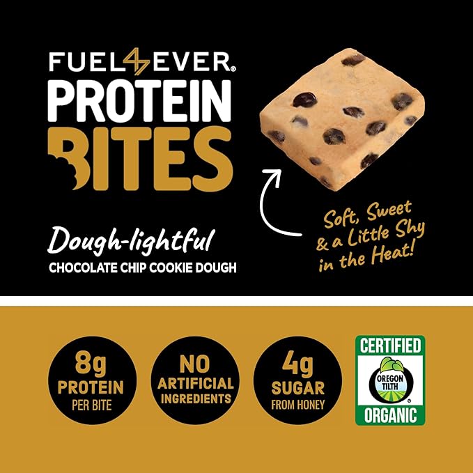 Fuel4Ever Protein Bites Chocolate Chip Cookie Dough | 8 G Protein Each | Certified Organic | 10 Individually Wrapped Bites