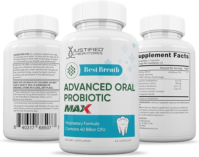Justified Laboratories Best Breath Max 40 Billion CFU Probiotic Oral Support 60 Capsules