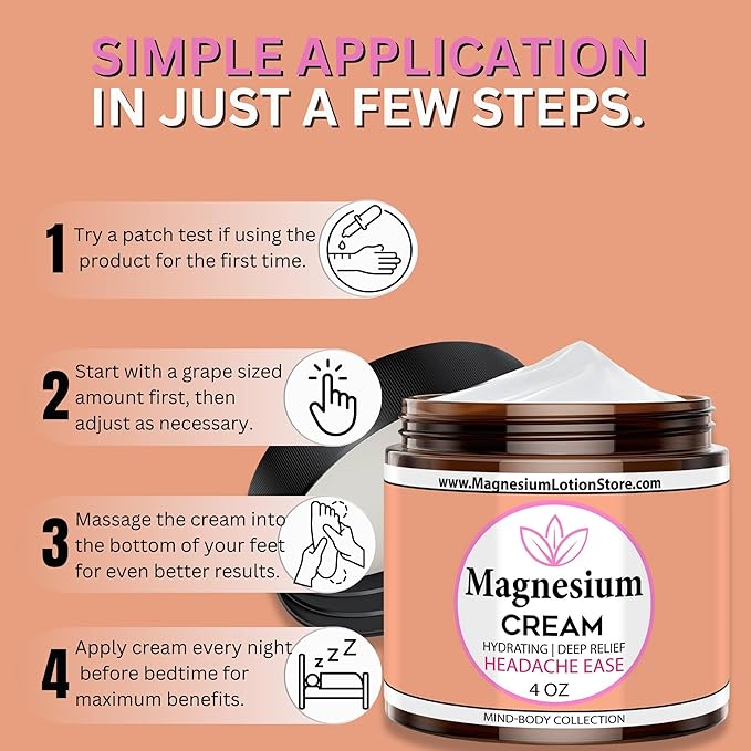 Magnesium Cream for Headache Migraines Muscle Soreness Cramps Relief with Shea Butter Coconut Oil Aloe Vitamin E - Magnesium Cream for Calm &amp Relaxation - Peperminty Scent - 4fl oz - USA Mad