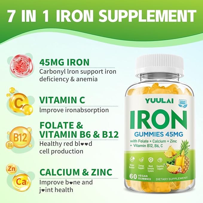 Pack of 2 Iron Gummies for Women &amp Men Iron Supplement Plus Calcium Zinc Folate &amp Vitamin B12 C B6 - Energy Support Immune Health Pineapple Flavor 120 Count