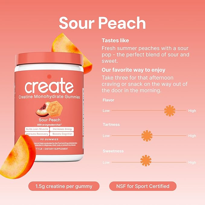 Create Creatine Monohydrate Gummies - Peach Sunrise Duo - Sour Peach &amp Orange - Creatine Gummies for Women &amp Men NSF Certified 3rd Party Tested Anti-Melting Formula 180 Count (2-Pack)