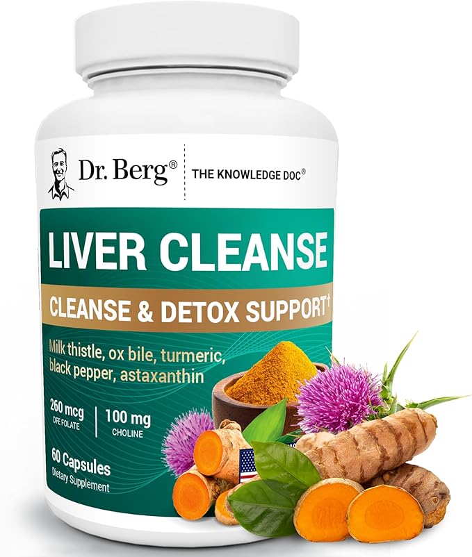 Dr. Berg Liver Cleanse Detox Capsules w/Unique Blend of Milk Thistle Ox Bile &amp Folate - Liver Supplement Includes Turmeric Black Pepper &amp Choline - 60 Capsules