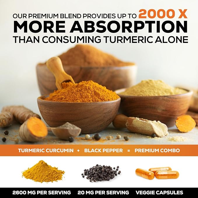 Turmeric Curcumin Supplement - 2400mg Organic Turmeric Per Serving - 95% Curcuminoids &amp BioPerine Black Pepper Extract for Best Absorption - Natural Vegan Joint Support Bottled in USA - 180 Capsu