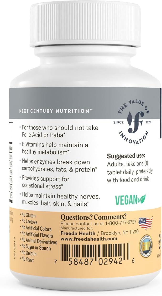 Freeda Vitamin B Complex No Folic No PABA - Super B Complex Kosher Vitamin Supplement with Vitamin B1 Vitamin B2 Vitamin B3 Vitamin B5 Vitamin B6 Vitamin B12 - Vit B Complex B for Women &amp Men (250