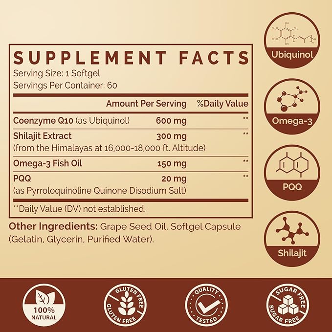 Ubiquinol CoQ10 600 MG Softgels with Omega-3 &amp Shilajit &amp PQQ Advanced Dual-Delivery Coenzyme-Q10 Active CoQ10 Ubiquinol Supplement for Fertility Antioxidant Heart Brain &amp Energy 120