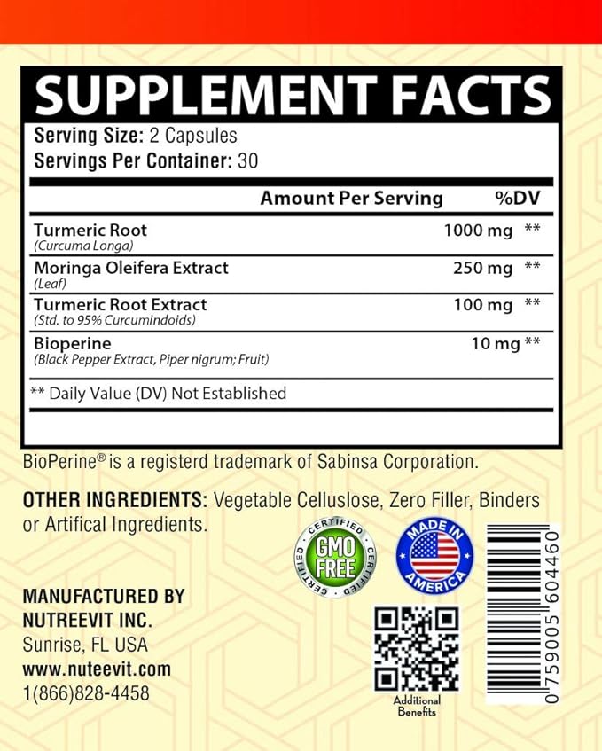 NutreeVit 100% Organic Turmeric Curcumin with Moringa Oleifera and Bioperine Supplement. Made in USA (200 Count)