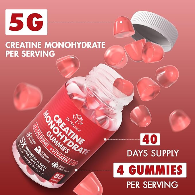 Creatine Monohydrate Gummies - 5g for Men &amp Women 160 Count and Creatine Chewable Supplements for Muscle Gain Muscle Strength Raspberry Flaavor
