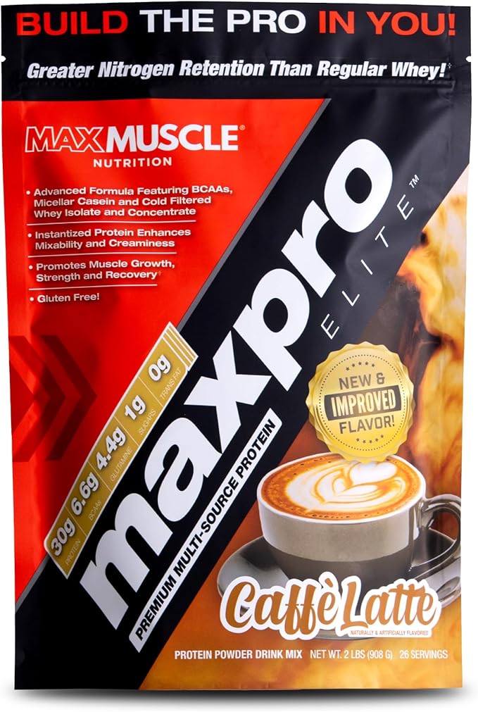 Max Muscle Maxpro Elite Premium Multi-Sourced 30g Whey Protein | Micellar Casein Cold Filtered Whey Isolate Protein Concentrate | Promotes Muscle Growth Strength and Recovery (2lb) (Café Latte 2lb)