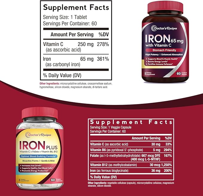 Doctor's Recipes Iron 65 mg &amp Iron Plus Bundle Healthy Iron Levels &amp Blood Support Iron Tablets 60 ct &amp Iron Capsules 60 ct