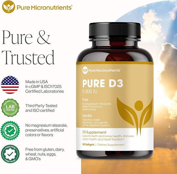 Pure Micronutrients Pure D3 – Vitamin D3 5000 IU Natural Vitamin D Supplements (Cholecalciferol) - Immune Support Healthy Muscle Function &amp Bone Health - 90 Mini Softgels