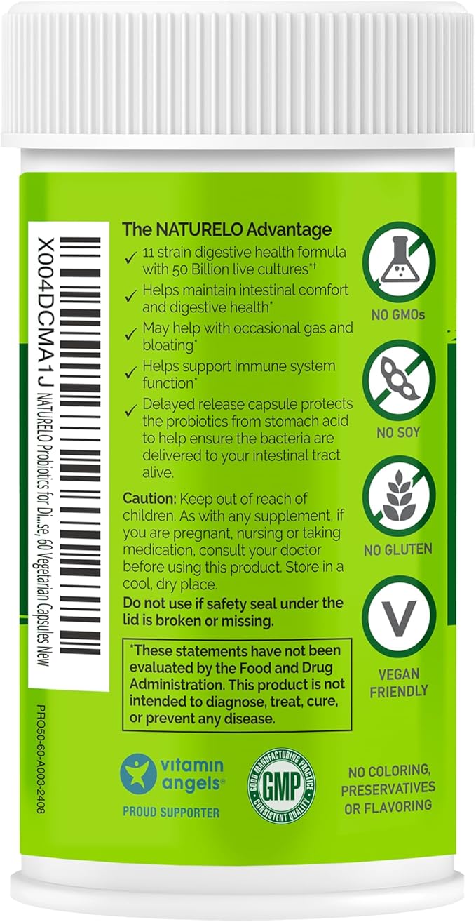 NATURELO Probiotics for Digestive Health - 50 Billion CFU 11 Strains Daily Use Supplement - Boosts Immune System Delayed Release No-Fridge 60 Vegetarian Capsules (Pack of 2)