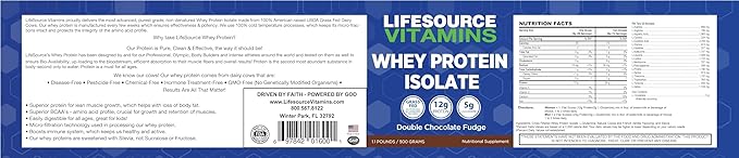 LifeSource Vitamins 1.1 lb - US Dairy Cows Grass Fed Whey Protein Isolate - Double Chocolate Fudge sweetened w/Stevia