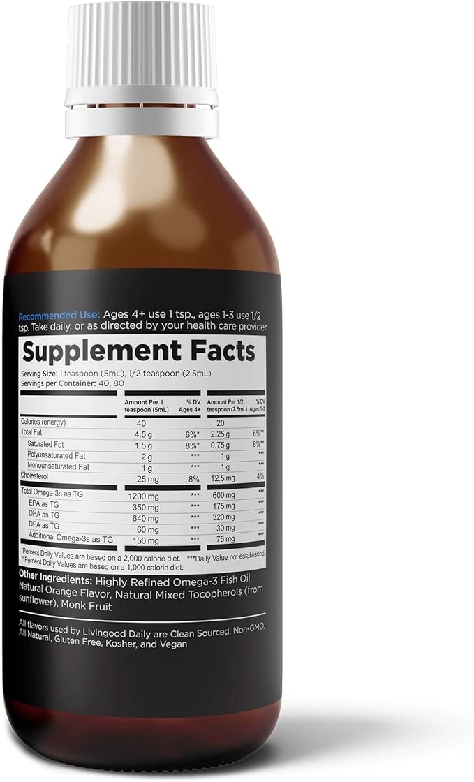 Livingood Daily Liquid Omega 3 Fish Oil EPA &amp DHA Supplement with Monk Fruit &amp Orange Flavor Supports Heart Joint &amp Brain Health Fish Oil for Men &amp Women Non GMO Gluten Free 200