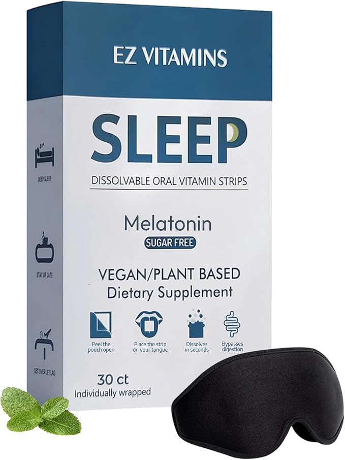 Dissolvable Oral Sleep Strips with 5mg Melatonin Valerian Root L-Theanine Vitamin D3 - Sleep Support Oral Strips with Sleep Mask Fresh Mint Flavor No Water Needed Works Faster Than Gummies 30ct