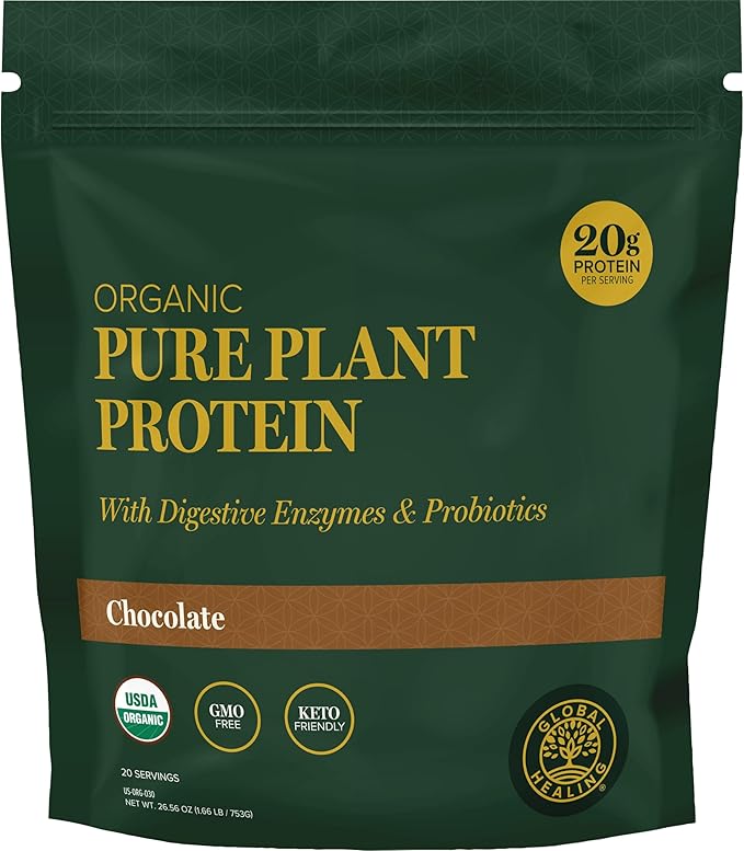 Global Healing Organic Plant Chocolate Protein Powder for Men and Women 20g - Dairy Free Protein Powder with Digestive Enzymes &amp Probiotics to Support Gut Health (1.6 Lbs)