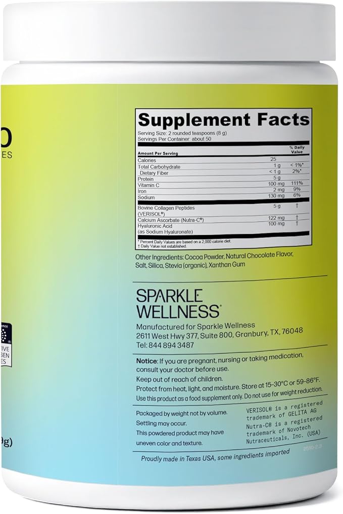 Sparkle Wellness VERISOL Bioactive Hydrolyzed Collagen Peptides | Collagen Powder Supplement with Vitamin C &amp Hyaluronic Acid for Hair Skin and Nail Health | Skin Boost Plus (Chocolate) [50-Serv