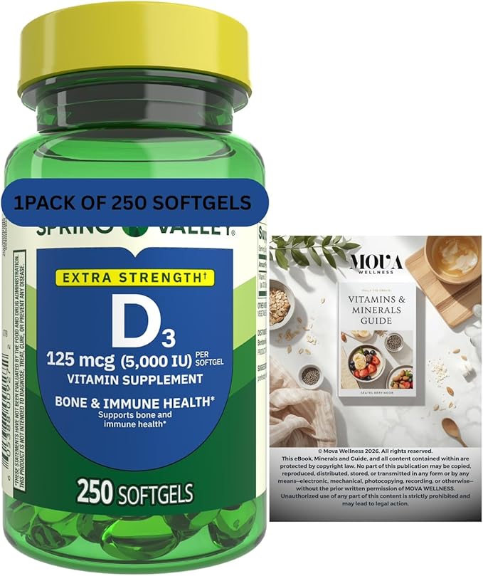 Vitamin D3 125 mcg (5000 IU) | Bone &amp Immune Health | 250 Softgels | Pack of 1 + complimentary Vitamin and Minerals Guide