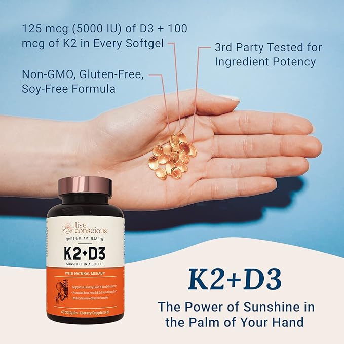Live Conscious Vitamin K2 MK7 with D3 Supplement | Bone &amp Heart Health Support - Patented Vitamin K &amp Vitamin D3 5000 IU - 60 Softgels