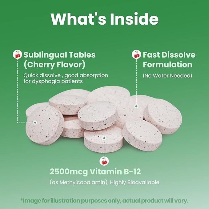 Vitamin B12 Methylcobalamin Sublingual 2500 mcg - with Folic Acid Under Tongue Cherry Flavor for Cellular Energy Support Energy Metabolism Nervous System Health(4-Month Supply)