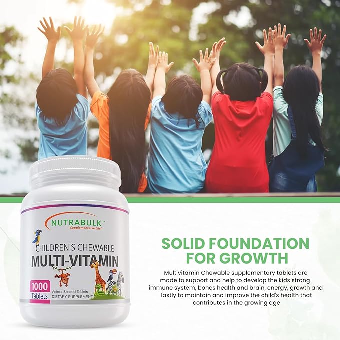 NutraBulk Kids Multivitamin – Kids Vitamins A C D3 E B-Complex Folic Acid with Animal Shapes &amp Fruity Flavors – No Artificial Dyes – Children's Chewable Multivitamin Bulk Family Value (1000 Table