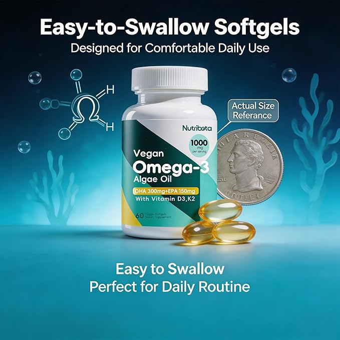 Vegan Omega-3 Algae Oil Supplement with DHA 300mg &amp EPA 150mg Plant-Based Omega-3 with Vitamin D3 &amp K2 Fish-Free Algal Oil Softgels for Men &amp Women 60 Softgels 30 Day Supply