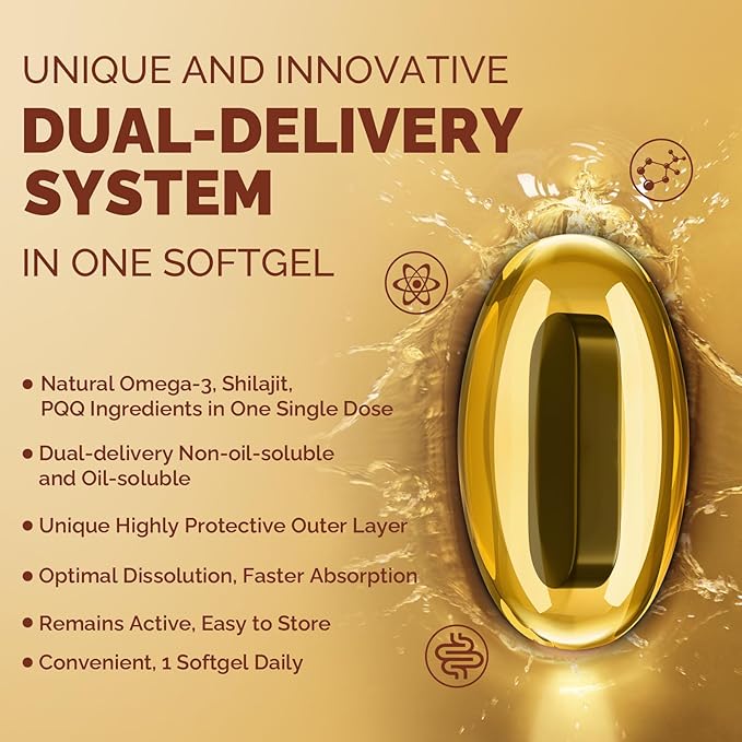Ubiquinol CoQ10 600 MG Softgels with Omega-3 &amp Shilajit &amp PQQ Advanced Dual-Delivery Coenzyme-Q10 Active CoQ10 Ubiquinol Supplement for Fertility Antioxidant Heart Brain &amp Energy 60