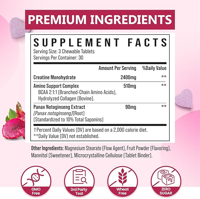 Creatine for Women | with Hydrolyzed Collagen BCAA | 3G Creatine Chews for Women Booty Gain Lean Muscles Recovery &amp Energy Vegan Sugar Free Creatine Powder Alternative 60 Servings