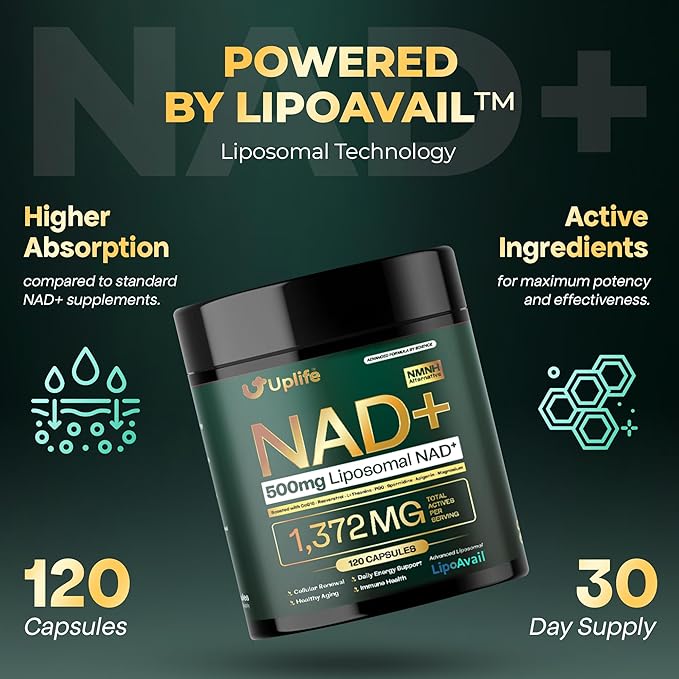 UPLIFE NAD+ Supplement 1372mg – Liposomal NAD+ with CoQ10 Resveratrol Spermidine L-Theanine Apigenin &amp PQQ – NMNH Alternative Booster Cellular Energy Healthy Aging Immune Health – 120 Capsu