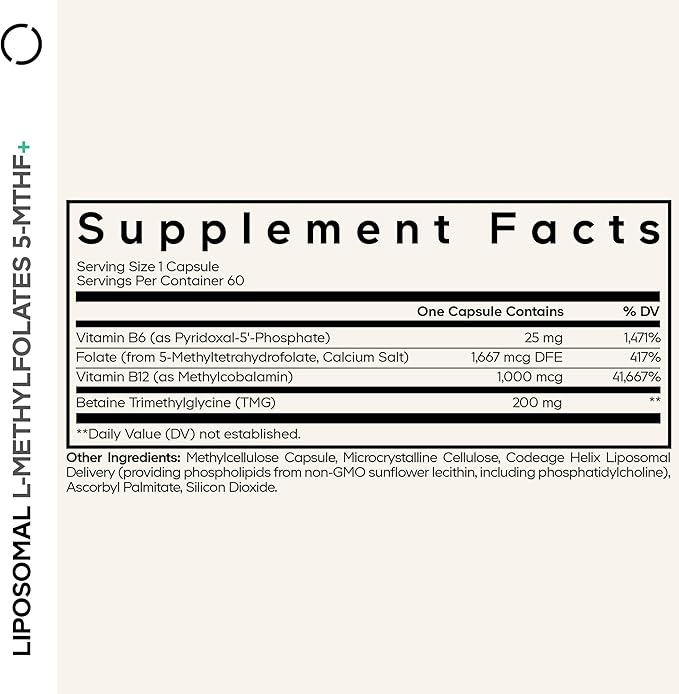 Codeage Liposomal L-Methylfolate 5-MTHF+ - Active Vitamin B9 Methylcobalamin B12 Betaine TMG B6-2-Month Supply Multivitamins - Liposomal Delivery - Bioavailable B-Vitamin Complex - 60 Capsules