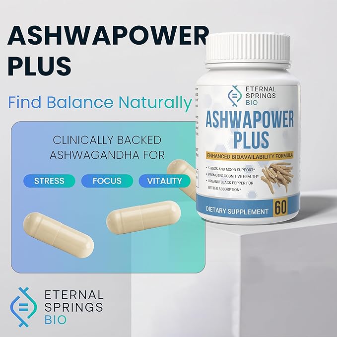 AshwaPower Plus Herbal Ashwagandha Dietary Supplement 60 Capsules Organic Ashwagandha Black Pepper Stress Relief Vitality