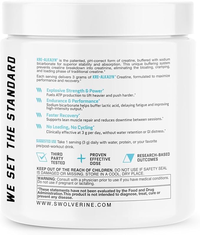 Swolverine Kre-Alkalyn Creatine Powder – pH-Buffered Creatine with Sodium Bicarbonate No Loading Phase Supports Strength Power &amp High-Intensity Performance 30 Servings Unflavored