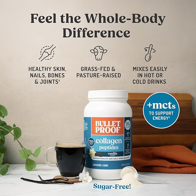 Bulletproof Vanilla Collagen Protein Powder with MCT Oil 19g Protein 42.3 Oz Value Size Collagen Peptides and Amino Acids for Healthy Skin Bones and Joints