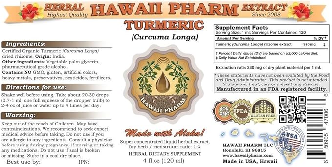 Hawaii Pharm Turmeric Liquid Extract Professional Grade Small Batch Crafted Turmeric (Curcuma Longa) Tincture Herbal Supplement 32 fl.oz