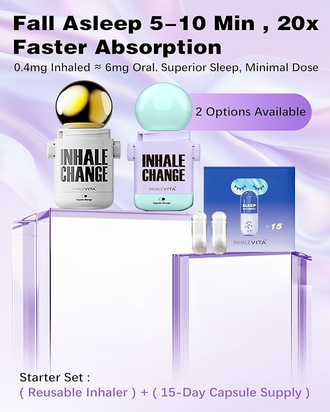 Melatonin Inhaler Sleep Aid Combo Green|Includes 15 Capsules &amp 1 Reusable Inhaler Fast-Acting with Advanced Absorption|0.4mg Low Dose Zero-Sugar|Wake Refreshed PortableNon-Habit Forming