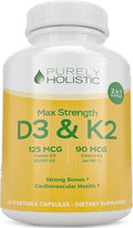 Purely Holistic Vitamin D3 125mcg and Vitamin K2 90mcg MK7-4 Month Supply 150 Vegetarian Capsules - Vitamin D3 &amp K2 Menaqunione - High Strength Cholecalciferol Made in The USA